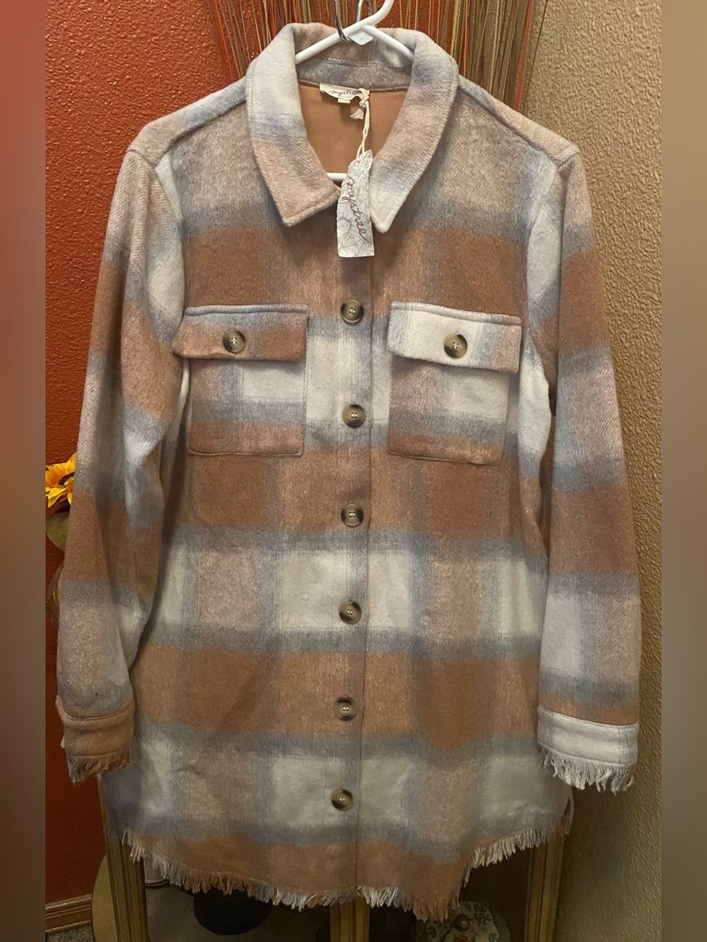 Mystree - NEW - Plaid Fringe Hem Shacket Brown & Cream